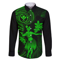 Hawaii Family Matching Off Shoulder Maxi Dress and Hawaiian Shirt Hula Girl Mix Polynesian Plumeria Green Version LT14 Dad's Shirt - Long Sleeve Green - Polynesian Pride