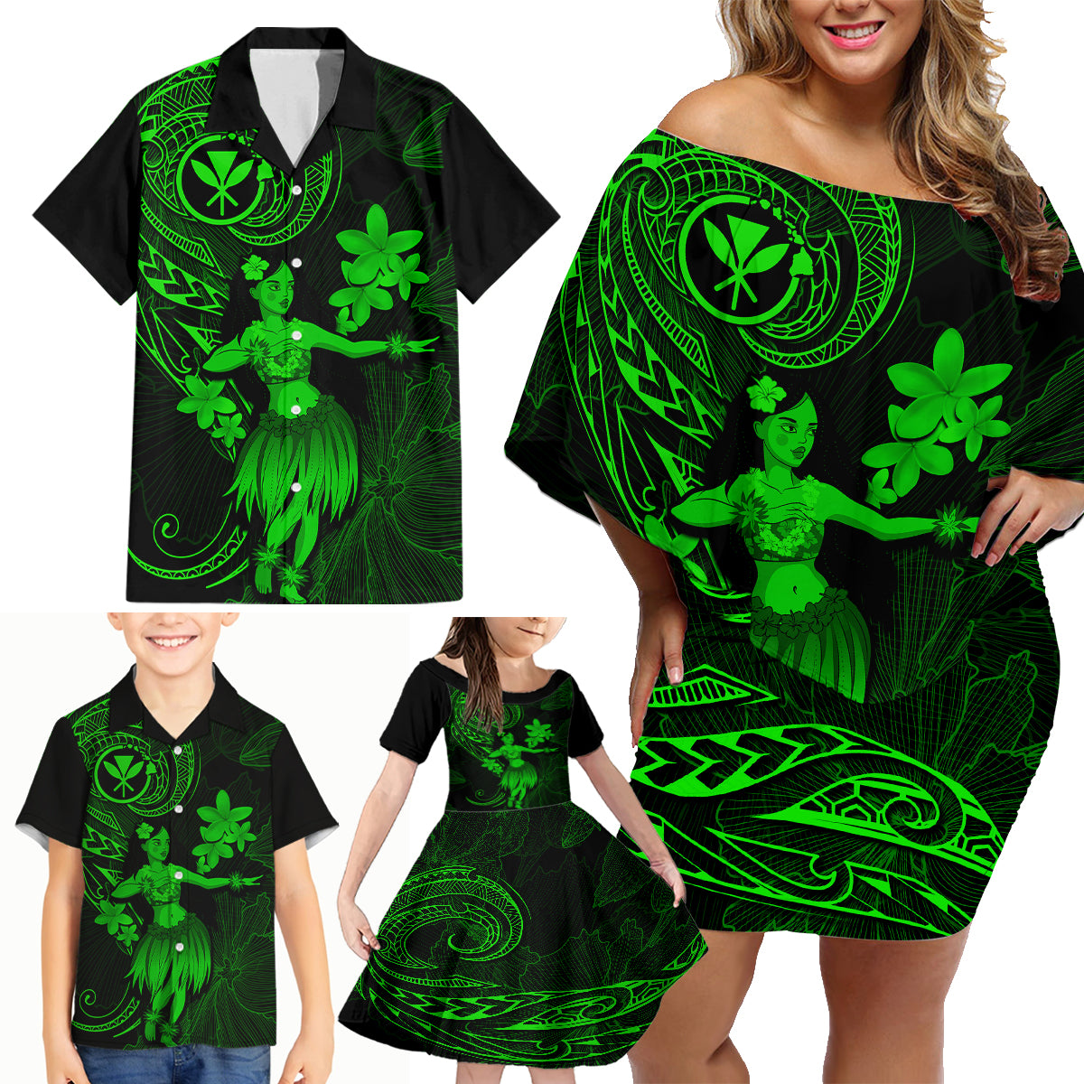 Hawaii Family Matching Off Shoulder Short Dress and Hawaiian Shirt Hula Girl Mix Polynesian Plumeria Green Version LT14 - Polynesian Pride