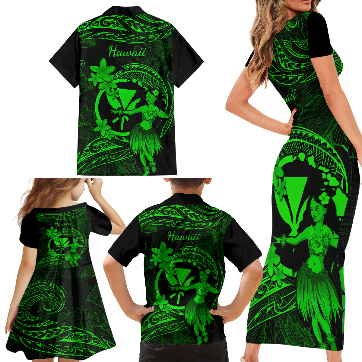 Hawaii Family Matching Short Sleeve Bodycon Dress and Hawaiian Shirt Hula Girl Mix Polynesian Plumeria Green Version LT14 - Polynesian Pride