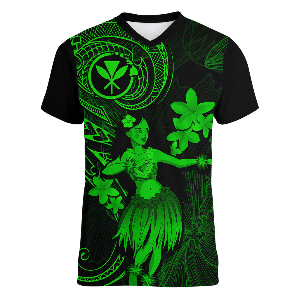 Hawaii Women V Neck T Shirt Hula Girl Mix Polynesian Plumeria Green Version LT14 Female Green - Polynesian Pride