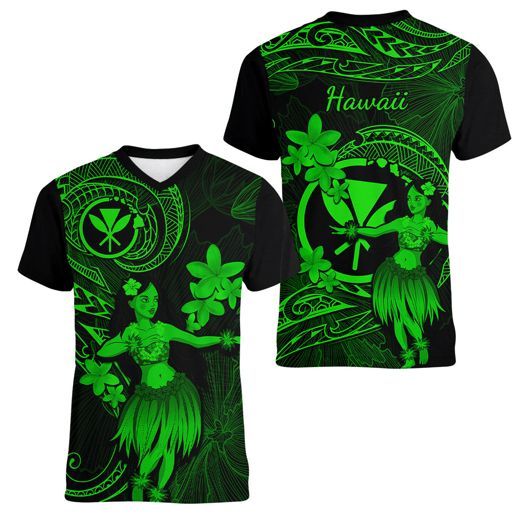 Hawaii Women V Neck T Shirt Hula Girl Mix Polynesian Plumeria Green Version LT14 - Polynesian Pride