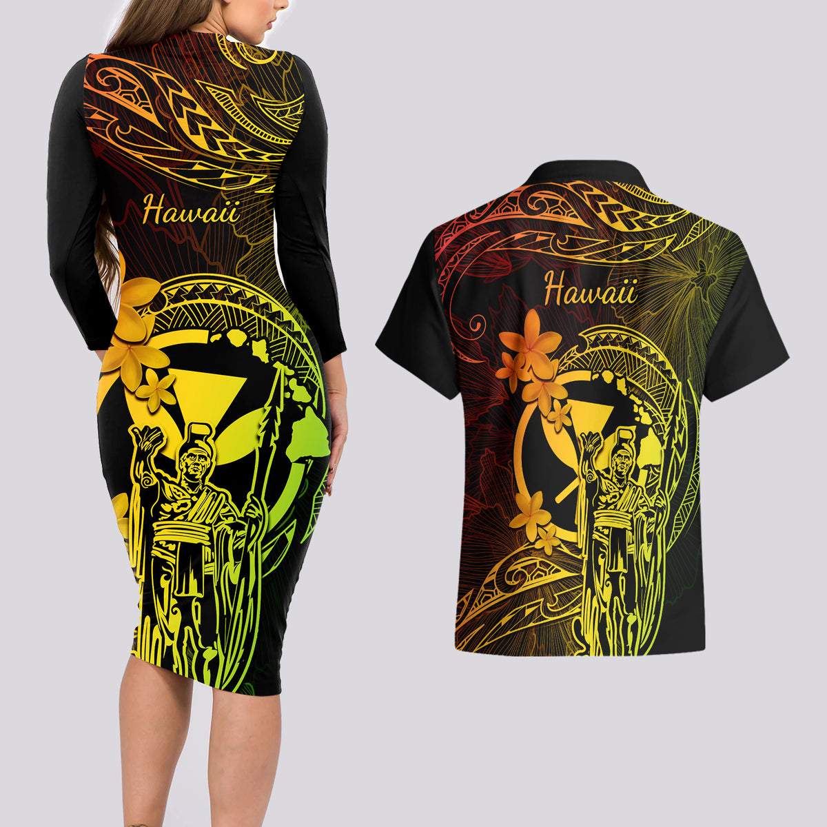 Hawaii Couples Matching Long Sleeve Bodycon Dress and Hawaiian Shirt King Kamehameha Mix Polynesian Plumeria Reggae Version LT14 - Polynesian Pride