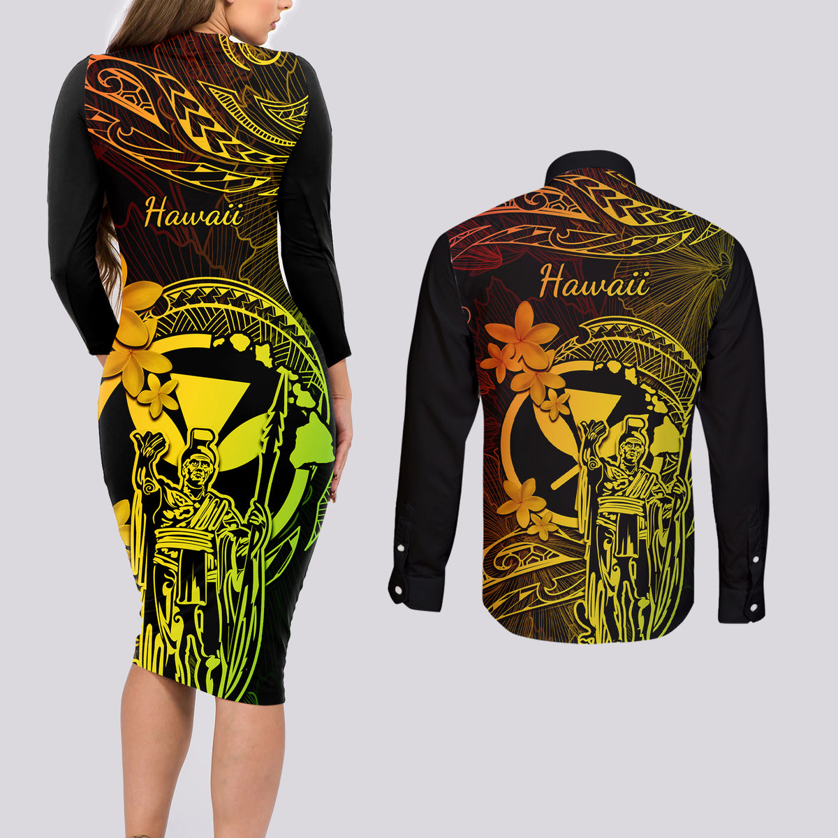 Hawaii Couples Matching Long Sleeve Bodycon Dress and Long Sleeve Button Shirts King Kamehameha Mix Polynesian Plumeria Reggae Version LT14 - Polynesian Pride