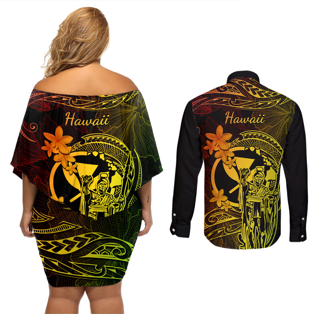Hawaii Couples Matching Off Shoulder Short Dress and Long Sleeve Button Shirts King Kamehameha Mix Polynesian Plumeria Reggae Version LT14 - Polynesian Pride
