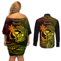 Hawaii Couples Matching Off Shoulder Short Dress and Long Sleeve Button Shirts King Kamehameha Mix Polynesian Plumeria Reggae Version LT14 - Polynesian Pride