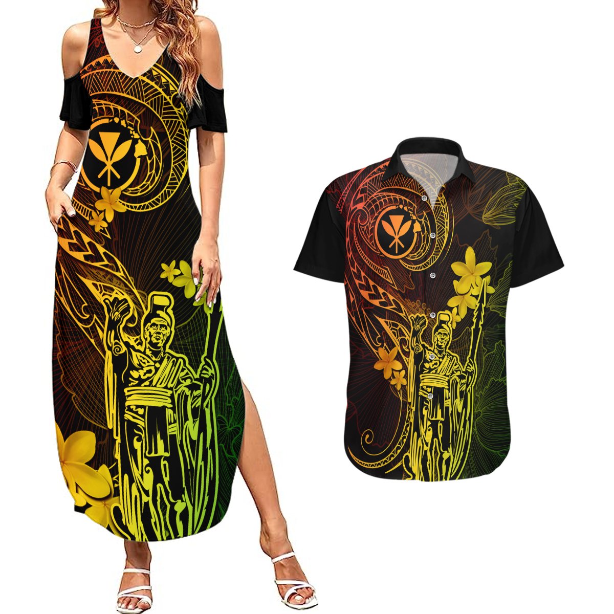 Hawaii Couples Matching Summer Maxi Dress and Hawaiian Shirt King Kamehameha Mix Polynesian Plumeria Reggae Version LT14 Reggae - Polynesian Pride
