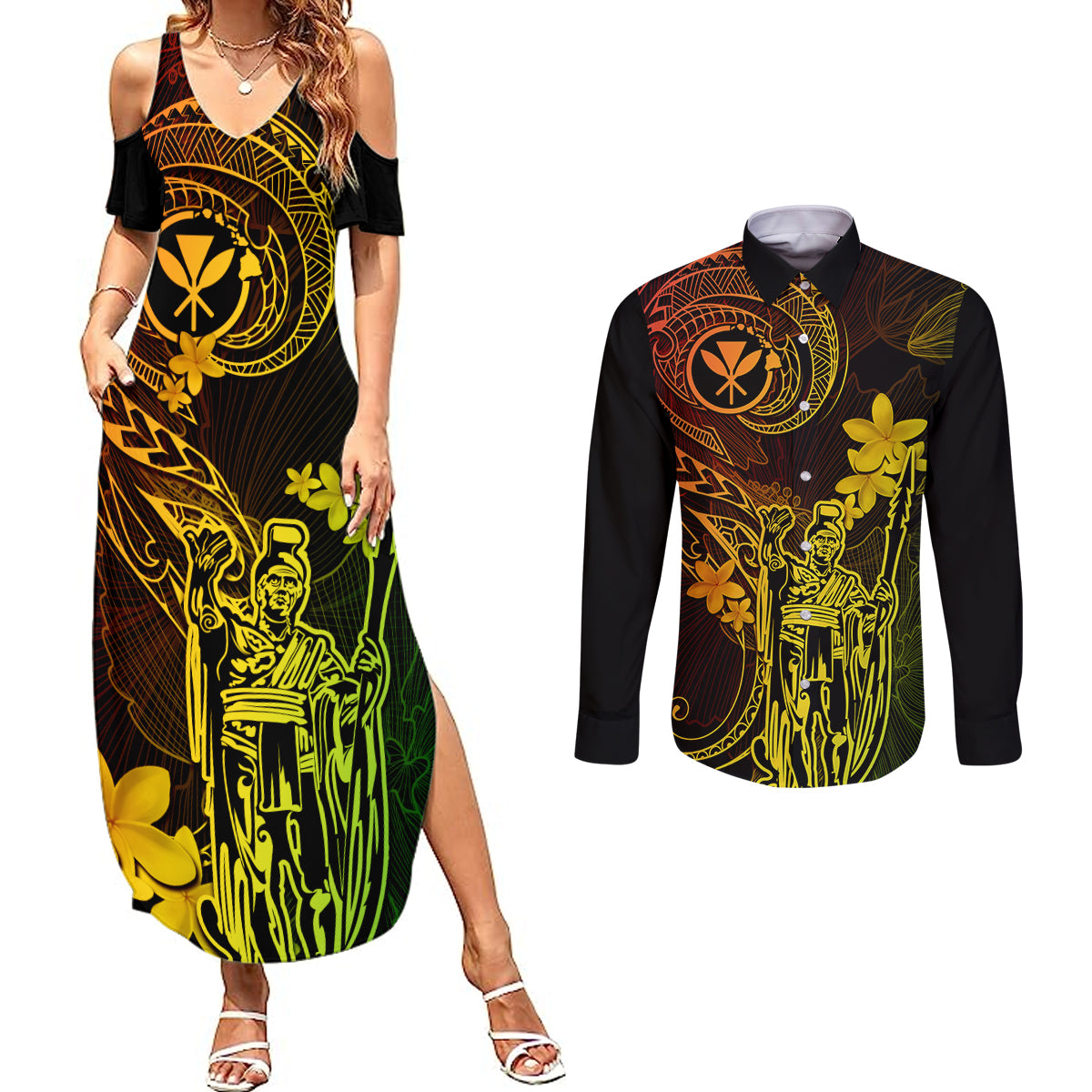 Hawaii Couples Matching Summer Maxi Dress and Long Sleeve Button Shirts King Kamehameha Mix Polynesian Plumeria Reggae Version LT14 Reggae - Polynesian Pride