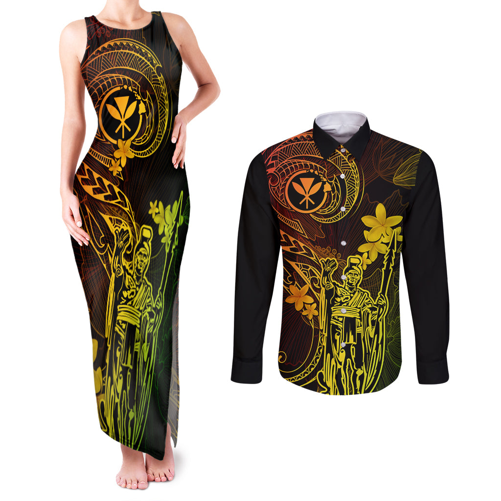 Hawaii Couples Matching Tank Maxi Dress and Long Sleeve Button Shirts King Kamehameha Mix Polynesian Plumeria Reggae Version LT14 Reggae - Polynesian Pride