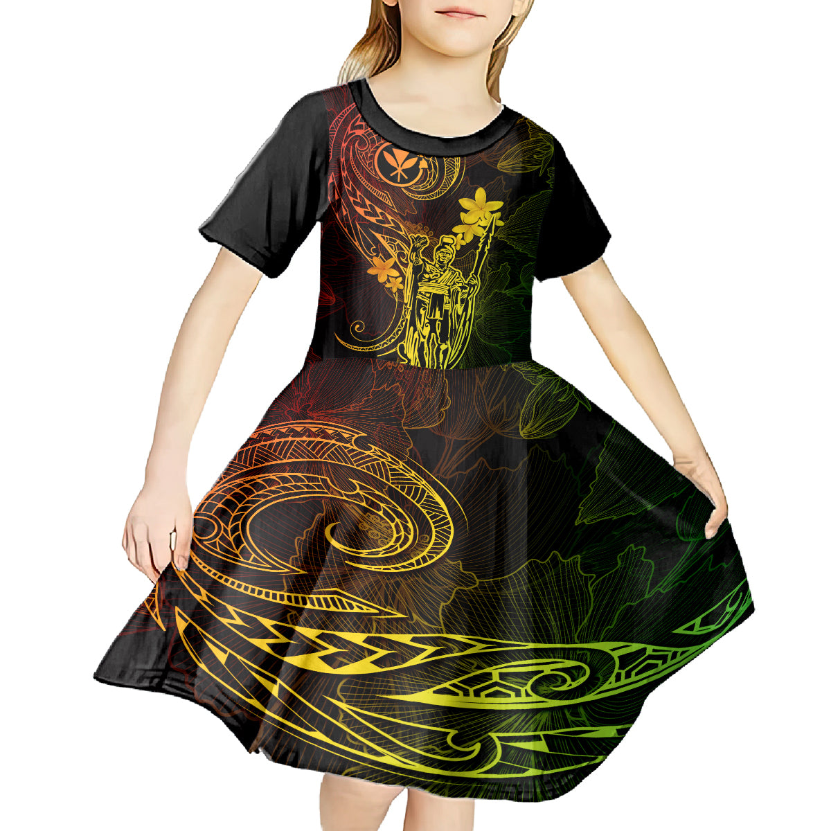 Hawaii Kid Short Sleeve Dress King Kamehameha Mix Polynesian Plumeria Reggae Version LT14 - Polynesian Pride