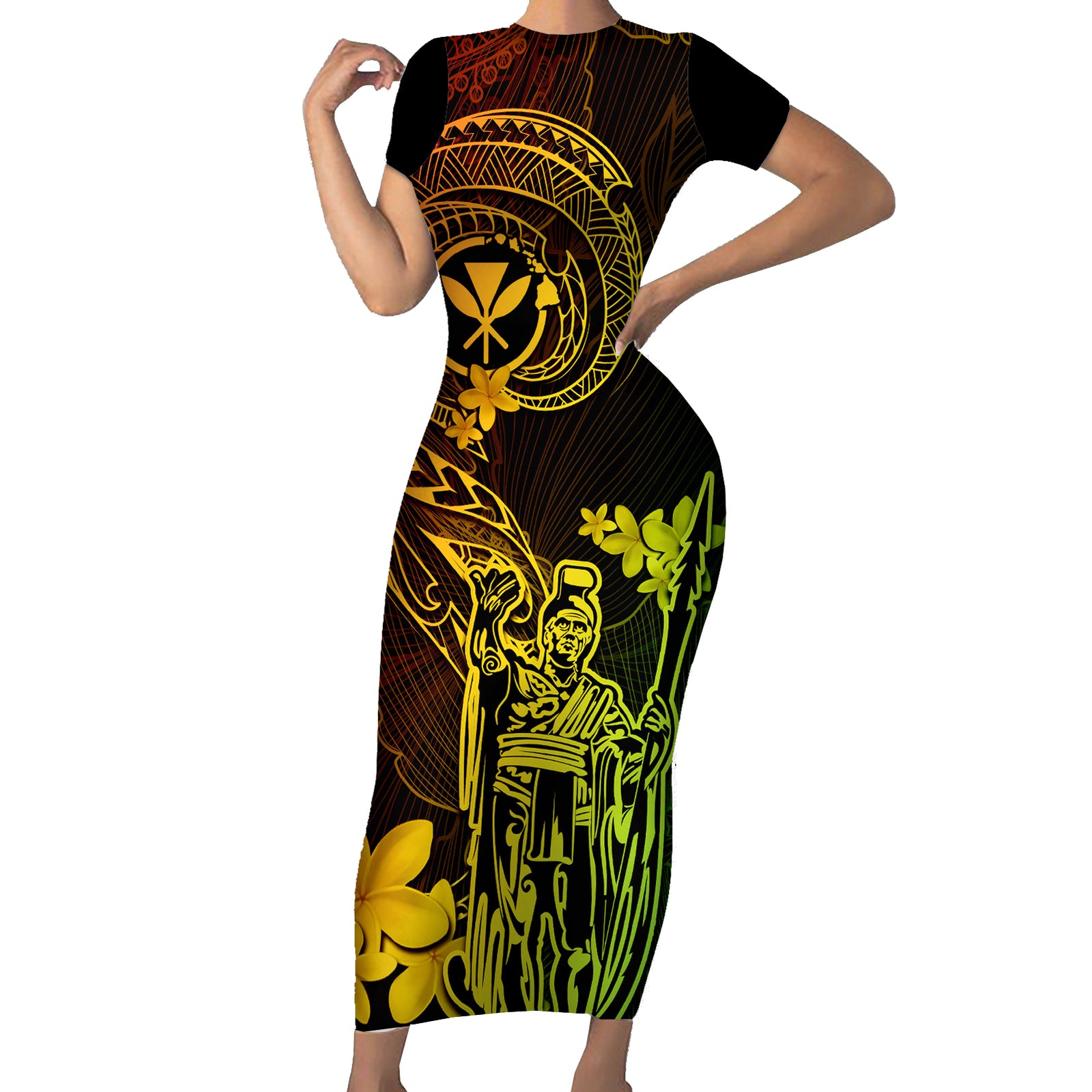 Hawaii Short Sleeve Bodycon Dress King Kamehameha Mix Polynesian Plumeria Reggae Version LT14 Long Dress Reggae - Polynesian Pride