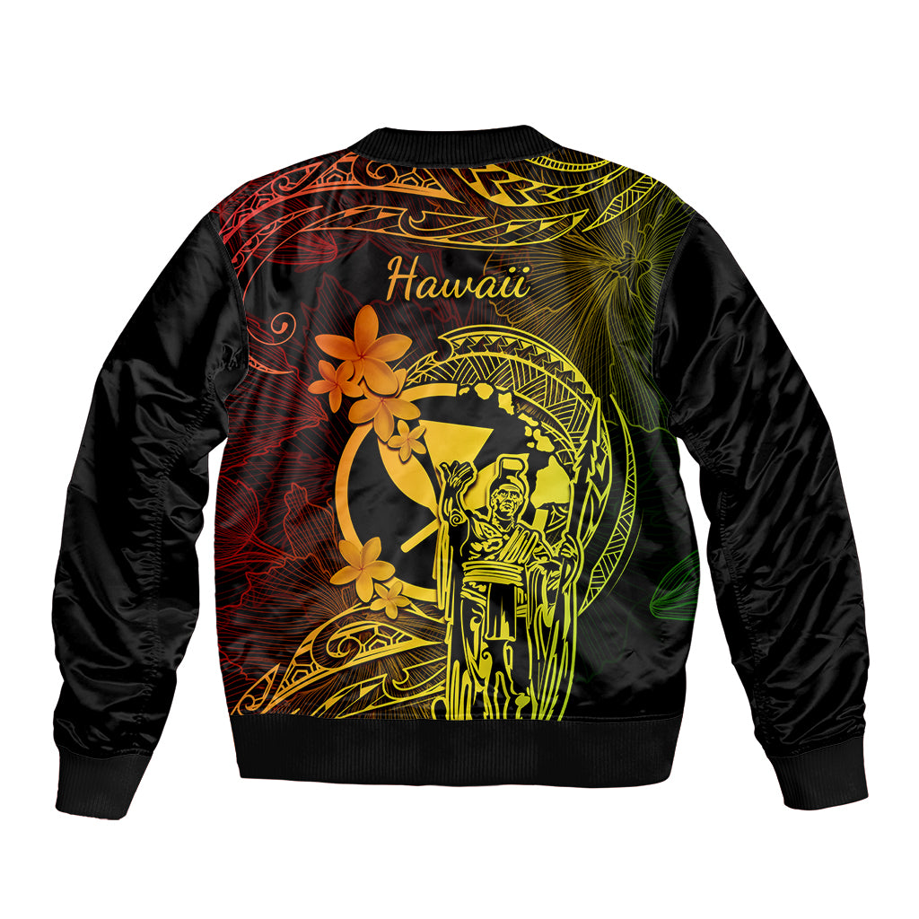 Hawaii Sleeve Zip Bomber Jacket King Kamehameha Mix Polynesian Plumeria Reggae Version LT14 - Polynesian Pride