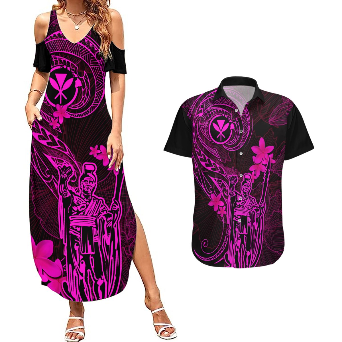 Hawaii Couples Matching Summer Maxi Dress and Hawaiian Shirt King Kamehameha Mix Polynesian Plumeria Pink Version LT14 Pink - Polynesian Pride
