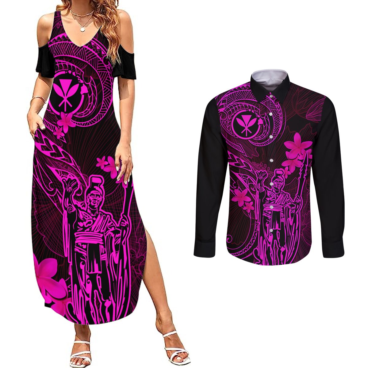 Hawaii Couples Matching Summer Maxi Dress and Long Sleeve Button Shirts King Kamehameha Mix Polynesian Plumeria Pink Version LT14 Pink - Polynesian Pride