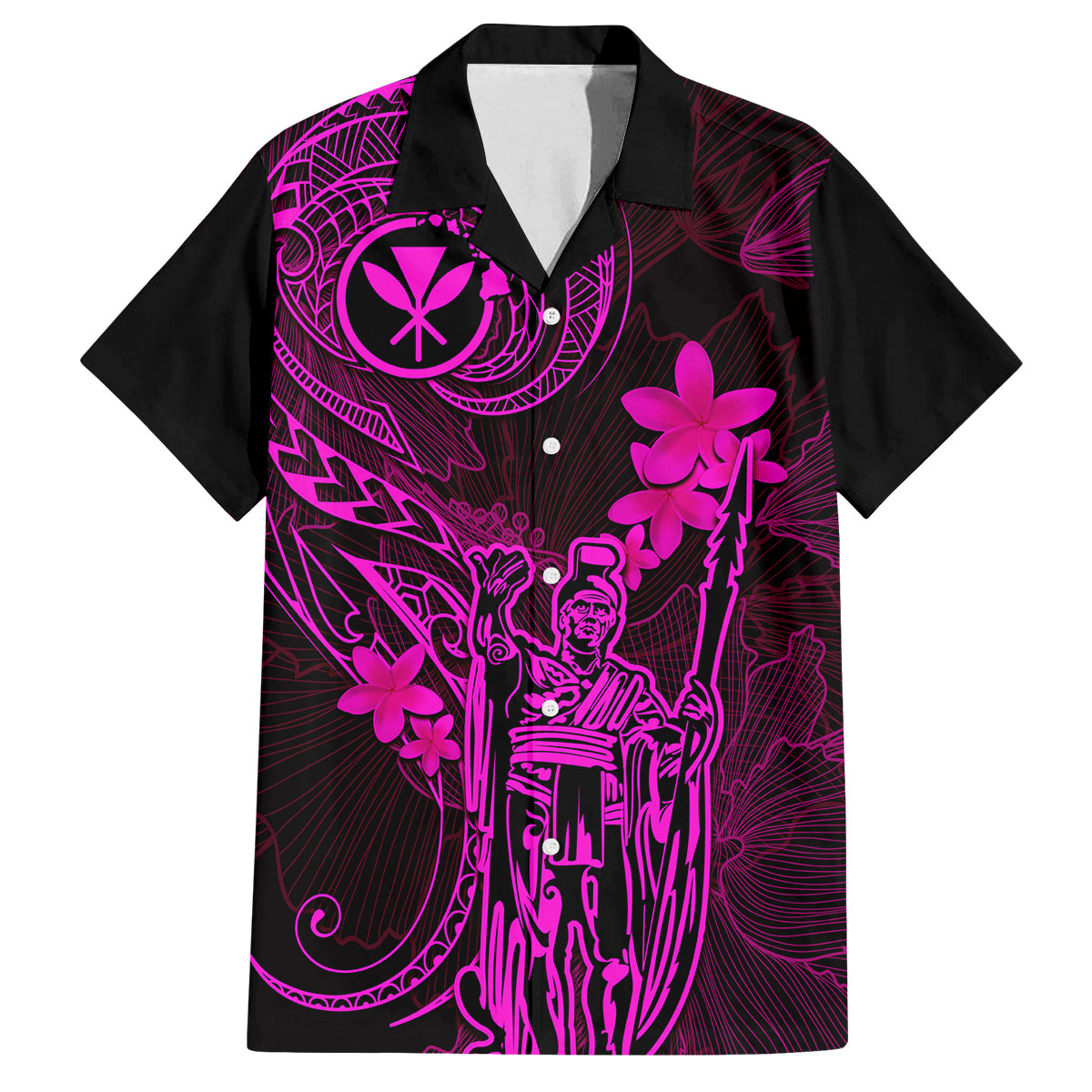 Hawaii Family Matching Off Shoulder Long Sleeve Dress and Hawaiian Shirt King Kamehameha Mix Polynesian Plumeria Pink Version LT14 Dad's Shirt - Short Sleeve Pink - Polynesian Pride
