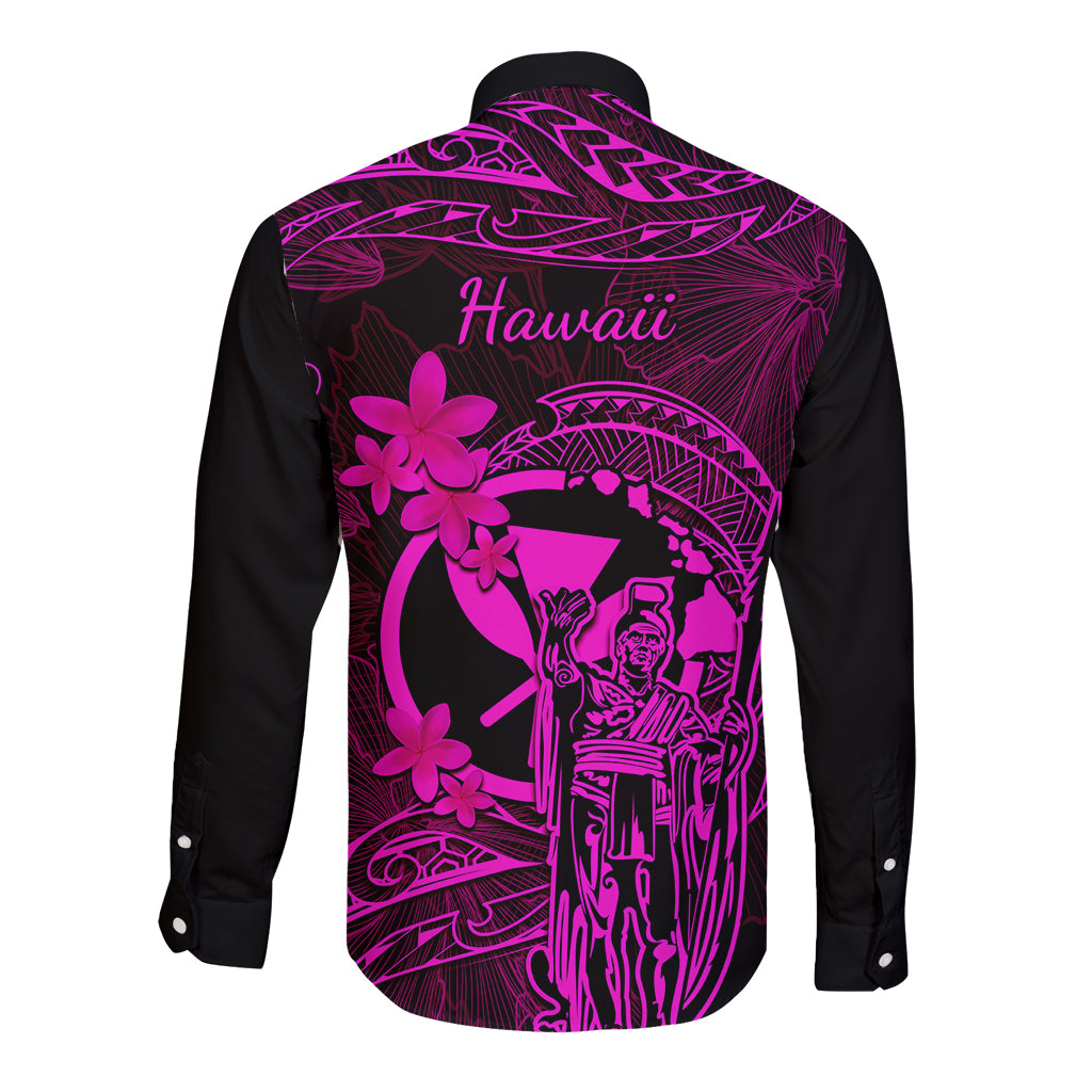 Hawaii Long Sleeve Button Shirt King Kamehameha Mix Polynesian Plumeria Pink Version LT14 - Polynesian Pride