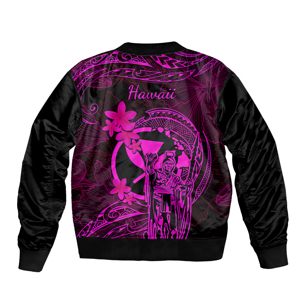 Hawaii Sleeve Zip Bomber Jacket King Kamehameha Mix Polynesian Plumeria Pink Version LT14 - Polynesian Pride