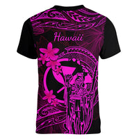 Hawaii Women V Neck T Shirt King Kamehameha Mix Polynesian Plumeria Pink Version LT14 - Polynesian Pride