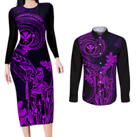 Hawaii Couples Matching Long Sleeve Bodycon Dress and Long Sleeve Button Shirts King Kamehameha Mix Polynesian Plumeria Purple Version LT14 Purple - Polynesian Pride