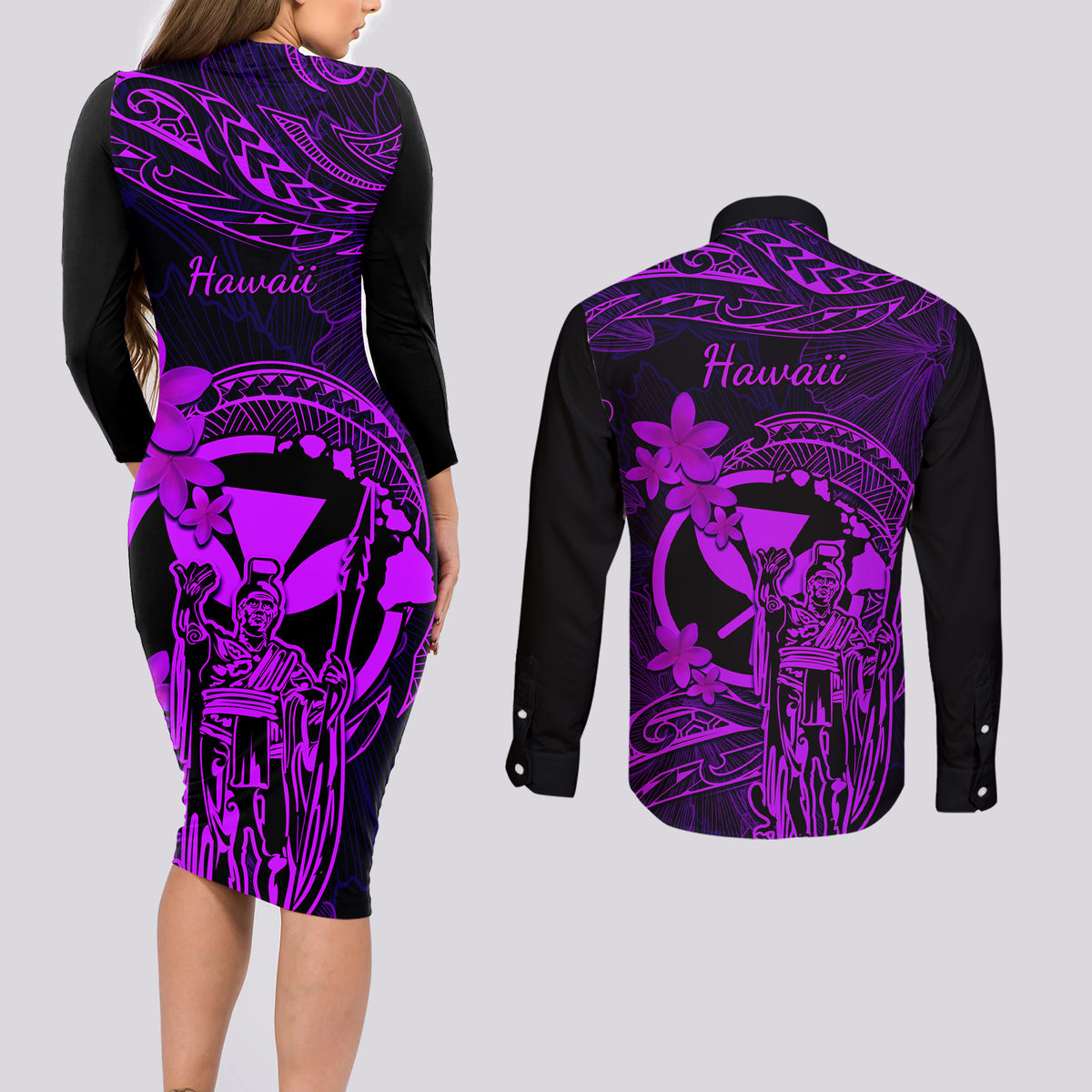 Hawaii Couples Matching Long Sleeve Bodycon Dress and Long Sleeve Button Shirts King Kamehameha Mix Polynesian Plumeria Purple Version LT14 - Polynesian Pride