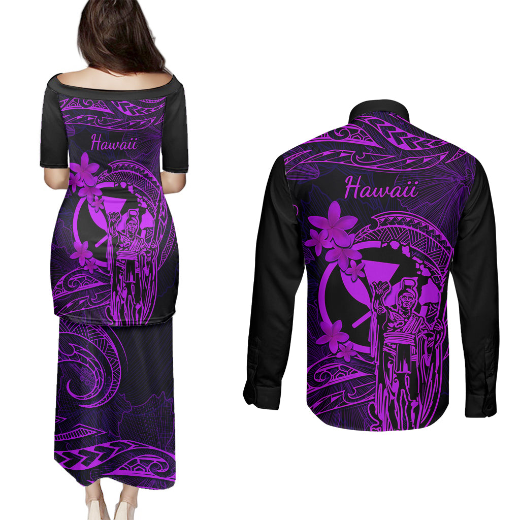Hawaii Couples Matching Puletasi Dress and Long Sleeve Button Shirts King Kamehameha Mix Polynesian Plumeria Purple Version LT14 - Polynesian Pride