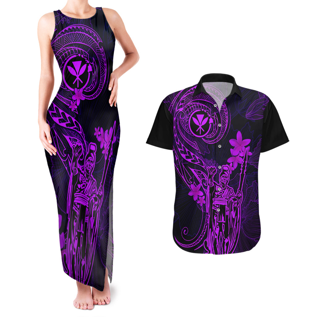 Hawaii Couples Matching Tank Maxi Dress and Hawaiian Shirt King Kamehameha Mix Polynesian Plumeria Purple Version LT14 Purple - Polynesian Pride