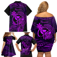 Hawaii Family Matching Off Shoulder Short Dress and Hawaiian Shirt King Kamehameha Mix Polynesian Plumeria Purple Version LT14 - Polynesian Pride