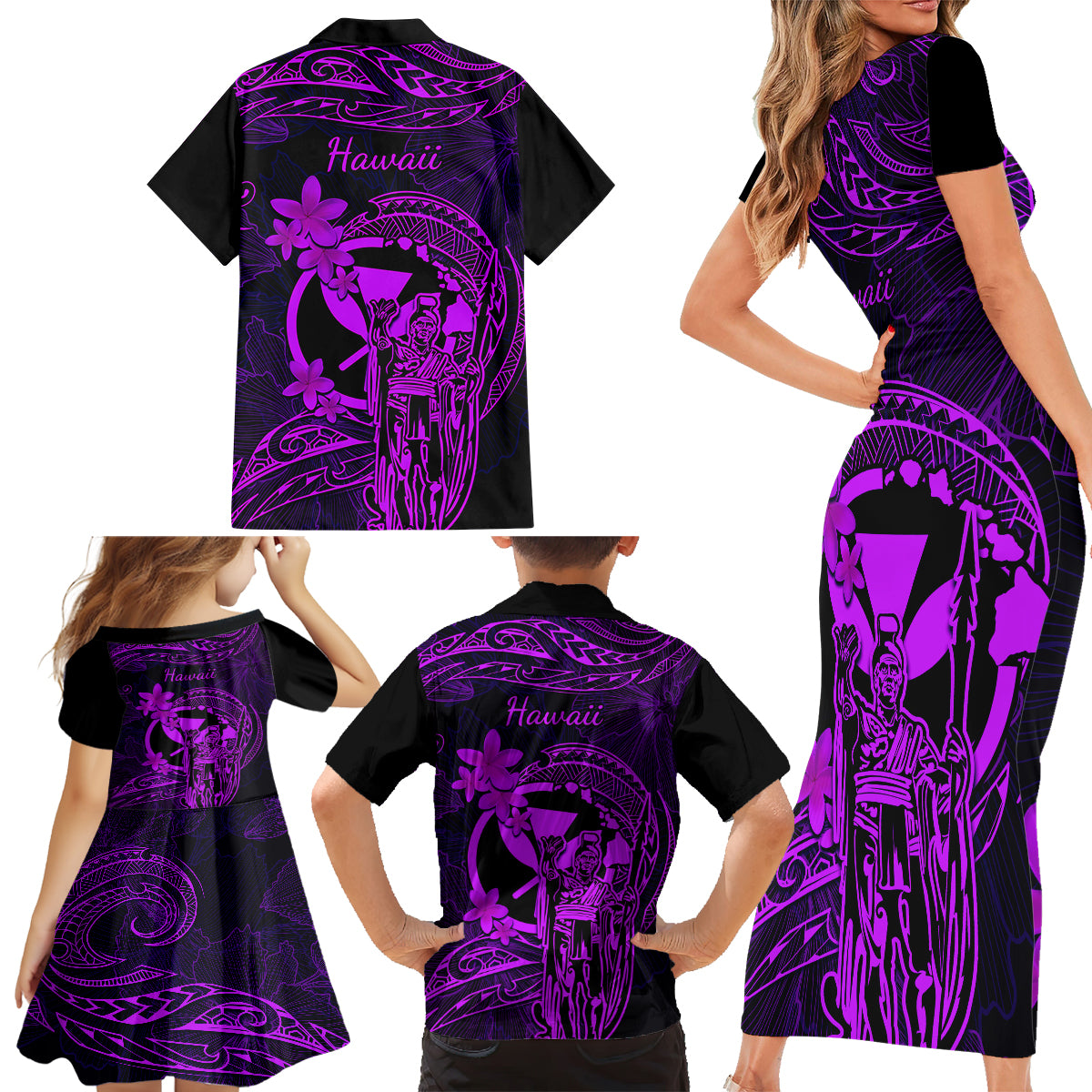 Hawaii Family Matching Short Sleeve Bodycon Dress and Hawaiian Shirt King Kamehameha Mix Polynesian Plumeria Purple Version LT14 - Polynesian Pride