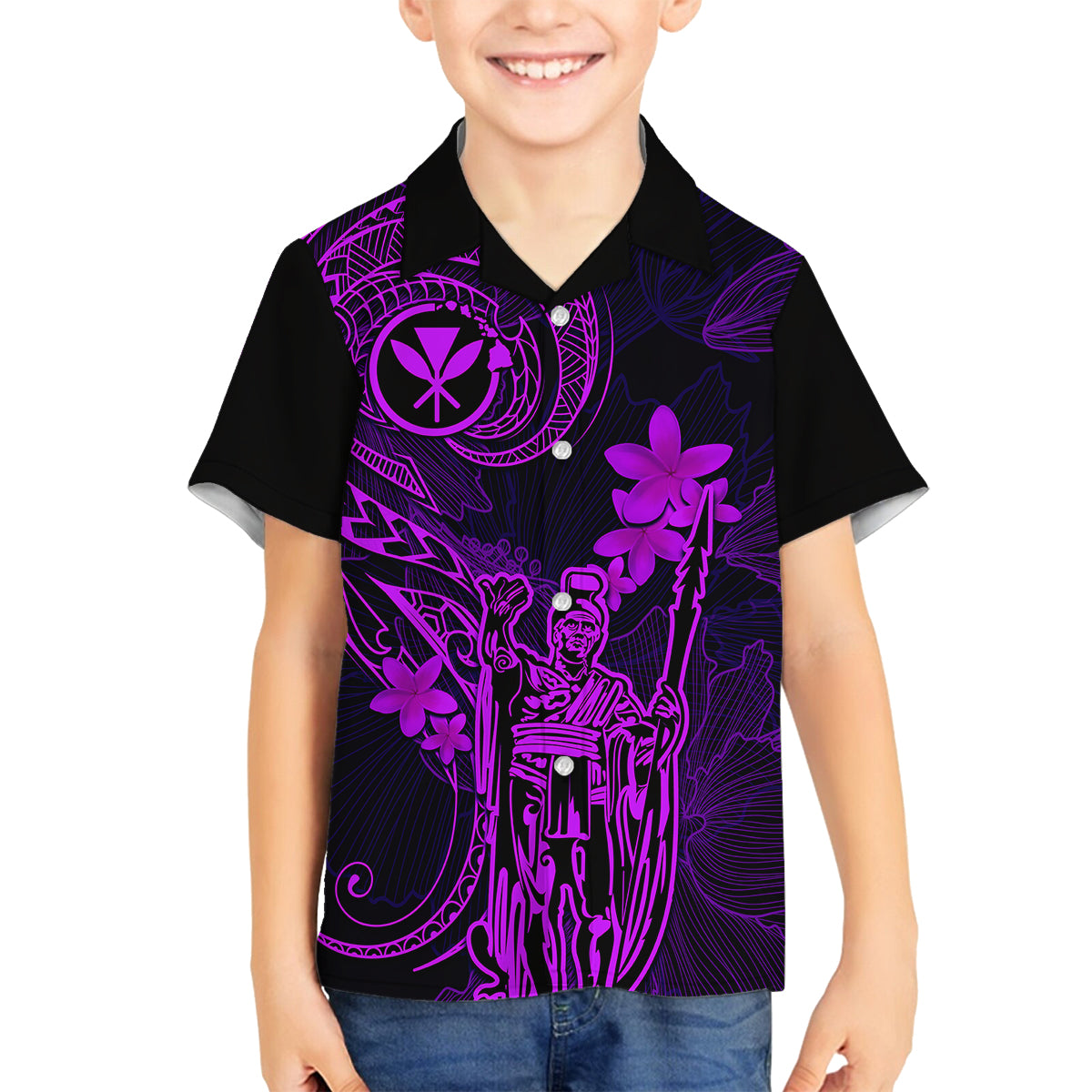 Hawaii Family Matching Summer Maxi Dress and Hawaiian Shirt King Kamehameha Mix Polynesian Plumeria Purple Version LT14 Dad's Shirt - Long Sleeve Purple - Polynesian Pride