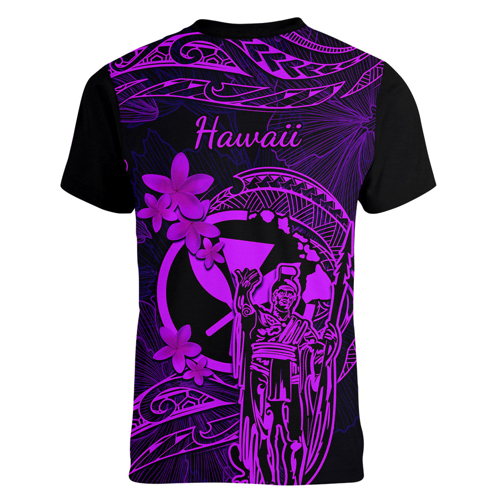 Hawaii Women V Neck T Shirt King Kamehameha Mix Polynesian Plumeria Purple Version LT14 - Polynesian Pride