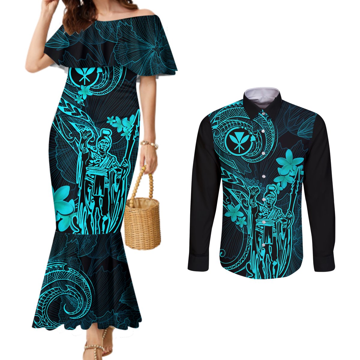 Hawaii Couples Matching Mermaid Dress and Long Sleeve Button Shirts King Kamehameha Mix Polynesian Plumeria Turquoise Version LT14 Turquoise - Polynesian Pride