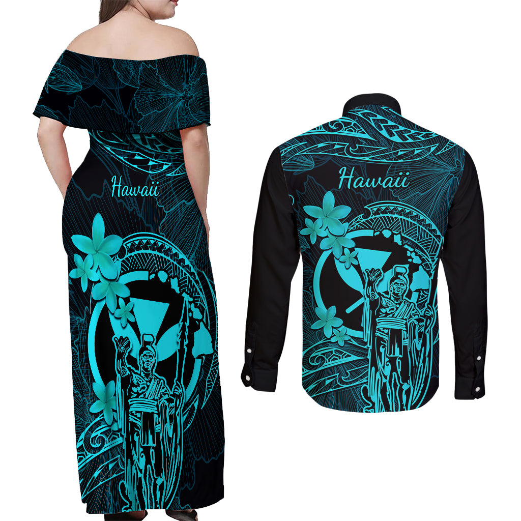 Hawaii Couples Matching Off Shoulder Maxi Dress and Long Sleeve Button Shirts King Kamehameha Mix Polynesian Plumeria Turquoise Version LT14 - Polynesian Pride