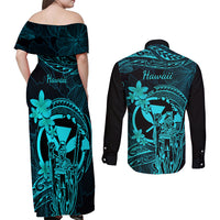 Hawaii Couples Matching Off Shoulder Maxi Dress and Long Sleeve Button Shirts King Kamehameha Mix Polynesian Plumeria Turquoise Version LT14 - Polynesian Pride