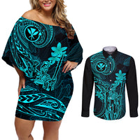 Hawaii Couples Matching Off Shoulder Short Dress and Long Sleeve Button Shirts King Kamehameha Mix Polynesian Plumeria Turquoise Version LT14 Turquoise - Polynesian Pride