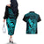 Hawaii Couples Matching Off The Shoulder Long Sleeve Dress and Hawaiian Shirt King Kamehameha Mix Polynesian Plumeria Turquoise Version LT14 - Polynesian Pride