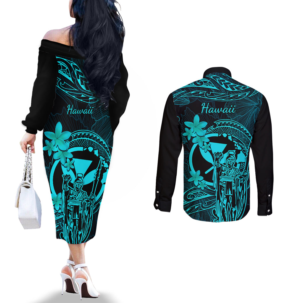 Hawaii Couples Matching Off The Shoulder Long Sleeve Dress and Long Sleeve Button Shirts King Kamehameha Mix Polynesian Plumeria Turquoise Version LT14 - Polynesian Pride