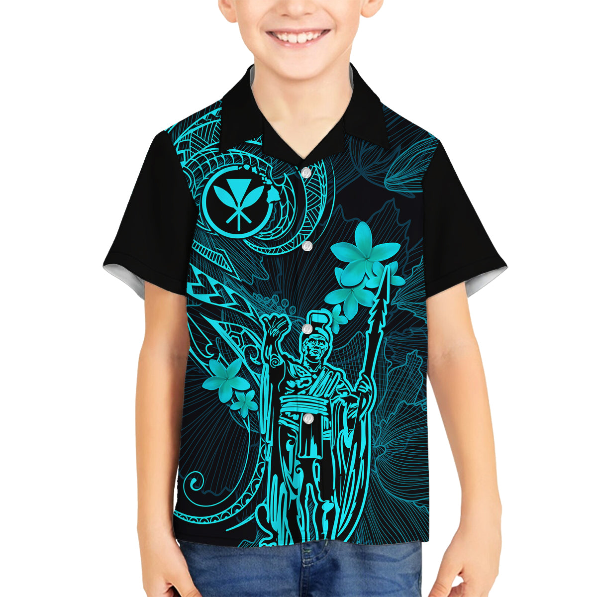 Hawaii Family Matching Long Sleeve Bodycon Dress and Hawaiian Shirt King Kamehameha Mix Polynesian Plumeria Turquoise Version LT14 Son's Shirt Turquoise - Polynesian Pride