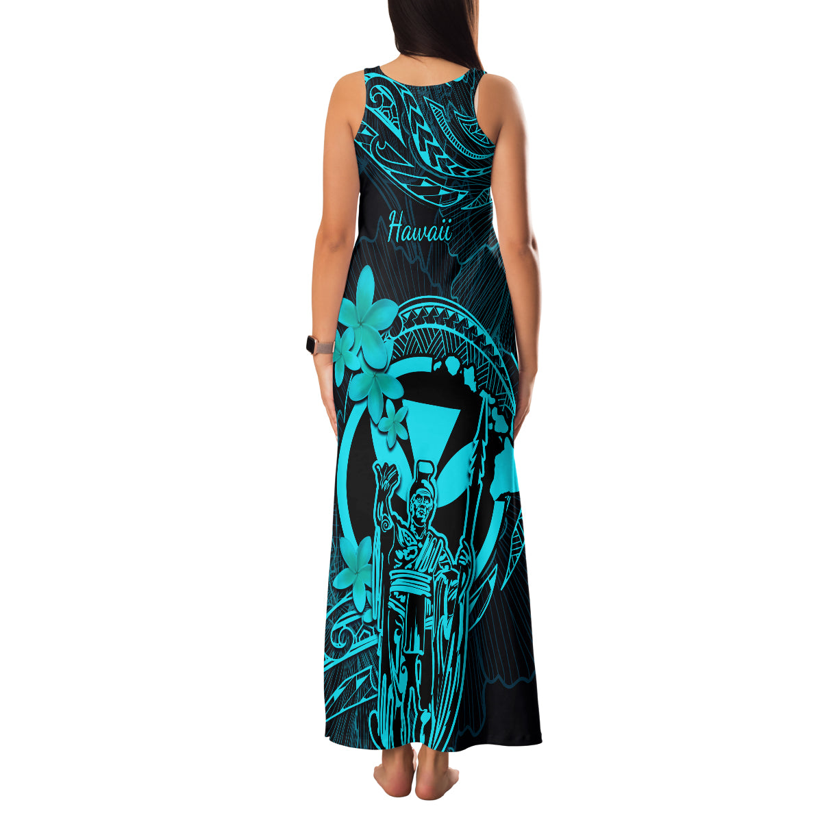 Hawaii Family Matching Tank Maxi Dress and Hawaiian Shirt King Kamehameha Mix Polynesian Plumeria Turquoise Version LT14 - Polynesian Pride