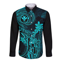 Hawaii Long Sleeve Button Shirt King Kamehameha Mix Polynesian Plumeria Turquoise Version LT14 Unisex Turquoise - Polynesian Pride