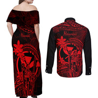 Hawaii Couples Matching Off Shoulder Maxi Dress and Long Sleeve Button Shirts King Kamehameha Mix Polynesian Plumeria Red Version LT14 - Polynesian Pride