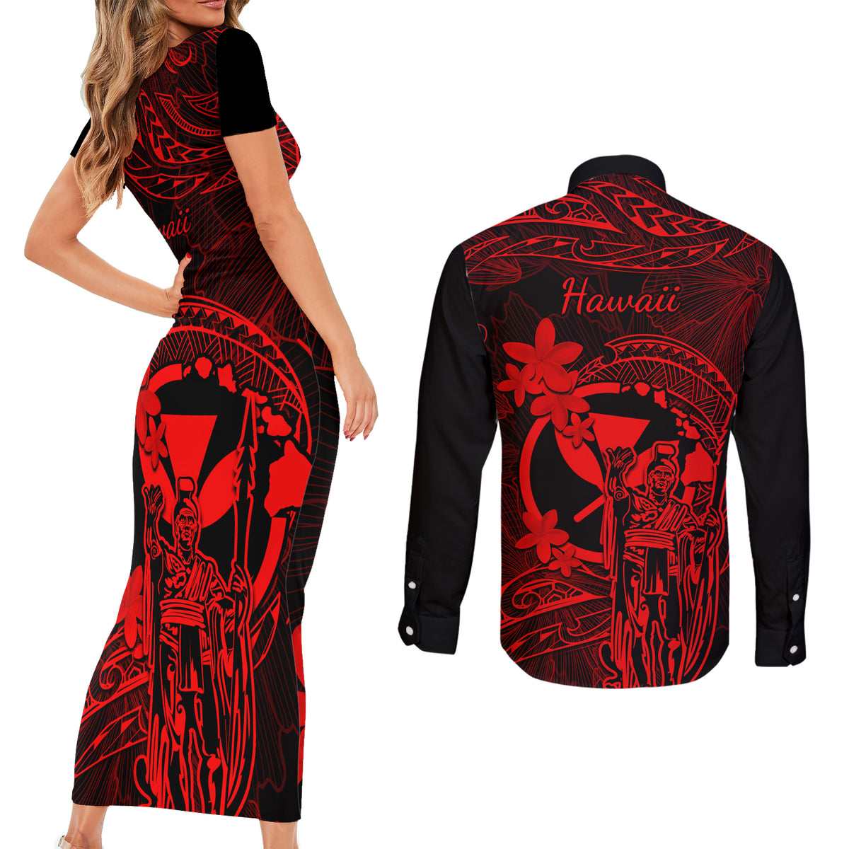 Hawaii Couples Matching Short Sleeve Bodycon Dress and Long Sleeve Button Shirts King Kamehameha Mix Polynesian Plumeria Red Version LT14 - Polynesian Pride