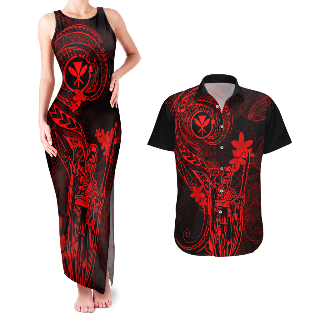 Hawaii Couples Matching Tank Maxi Dress and Hawaiian Shirt King Kamehameha Mix Polynesian Plumeria Red Version LT14 Red - Polynesian Pride