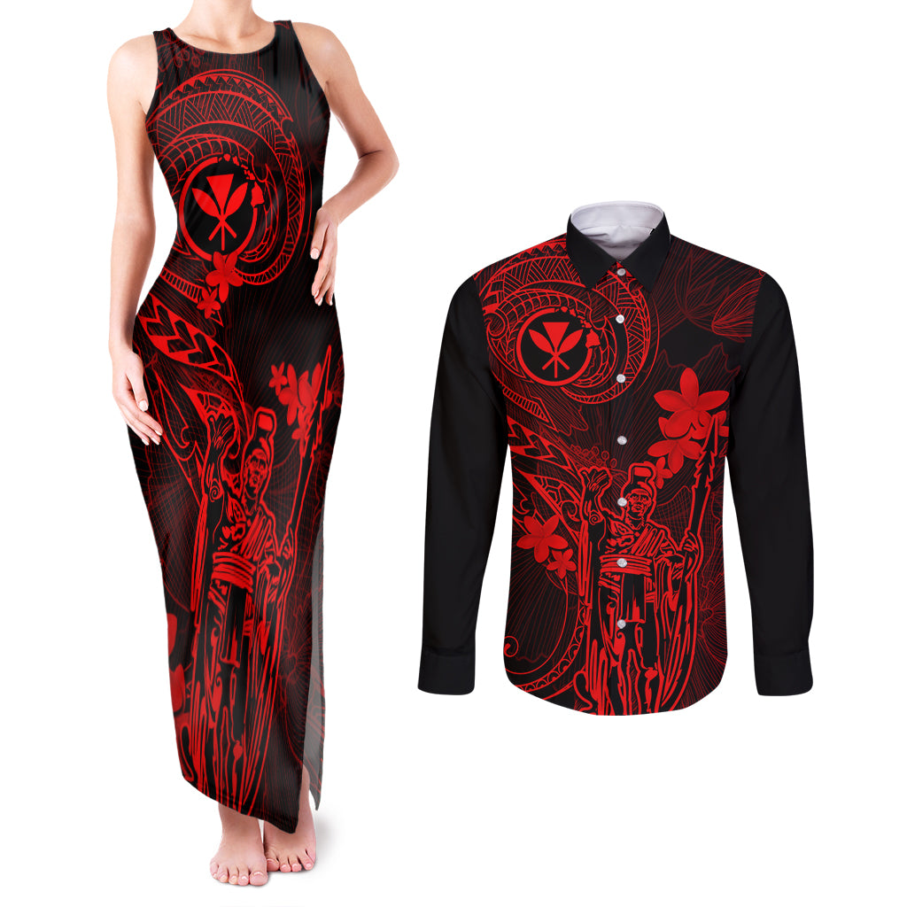 Hawaii Couples Matching Tank Maxi Dress and Long Sleeve Button Shirts King Kamehameha Mix Polynesian Plumeria Red Version LT14 Red - Polynesian Pride