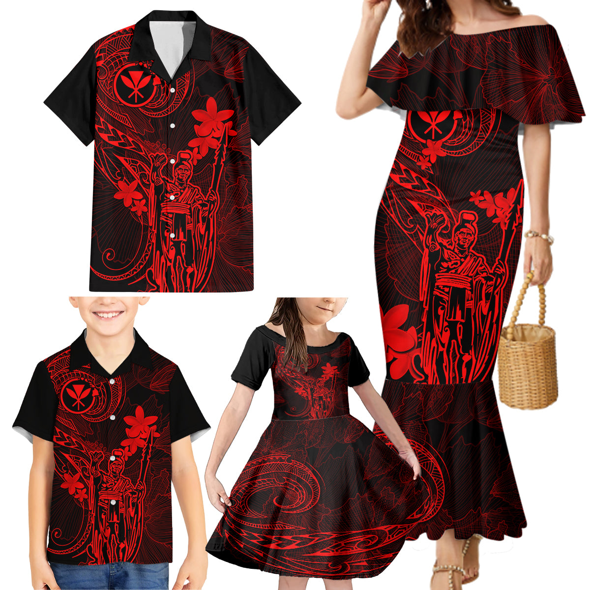 Hawaii Family Matching Mermaid Dress and Hawaiian Shirt King Kamehameha Mix Polynesian Plumeria Red Version LT14 - Polynesian Pride