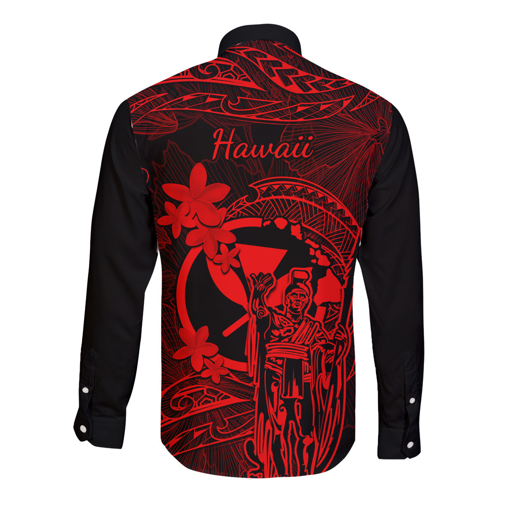 Hawaii Long Sleeve Button Shirt King Kamehameha Mix Polynesian Plumeria Red Version LT14 - Polynesian Pride