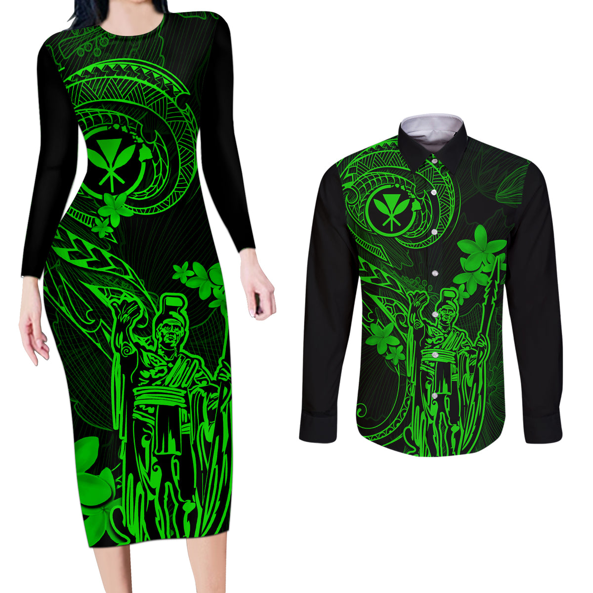 Hawaii Couples Matching Long Sleeve Bodycon Dress and Long Sleeve Button Shirts King Kamehameha Mix Polynesian Plumeria Green Version LT14 Green - Polynesian Pride