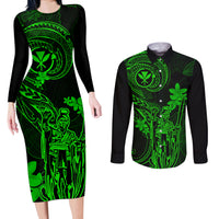 Hawaii Couples Matching Long Sleeve Bodycon Dress and Long Sleeve Button Shirts King Kamehameha Mix Polynesian Plumeria Green Version LT14 Green - Polynesian Pride
