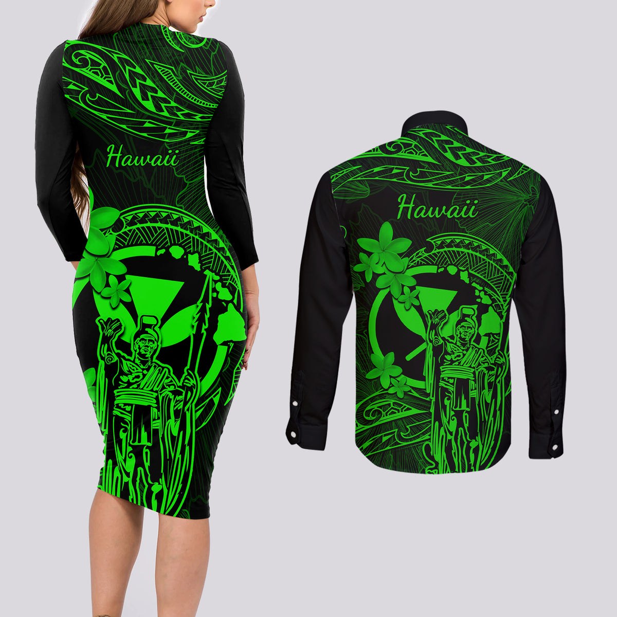 Hawaii Couples Matching Long Sleeve Bodycon Dress and Long Sleeve Button Shirts King Kamehameha Mix Polynesian Plumeria Green Version LT14 - Polynesian Pride