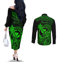 Hawaii Couples Matching Off The Shoulder Long Sleeve Dress and Long Sleeve Button Shirts King Kamehameha Mix Polynesian Plumeria Green Version LT14 - Polynesian Pride