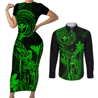 Hawaii Couples Matching Short Sleeve Bodycon Dress and Long Sleeve Button Shirts King Kamehameha Mix Polynesian Plumeria Green Version LT14 Green - Polynesian Pride