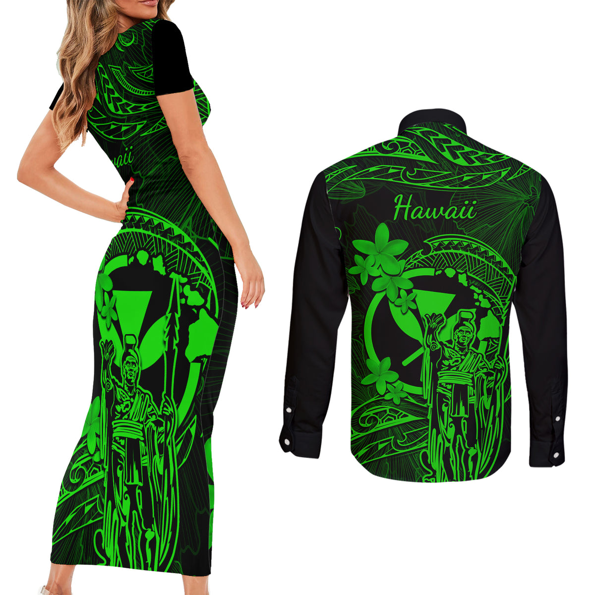 Hawaii Couples Matching Short Sleeve Bodycon Dress and Long Sleeve Button Shirts King Kamehameha Mix Polynesian Plumeria Green Version LT14 - Polynesian Pride